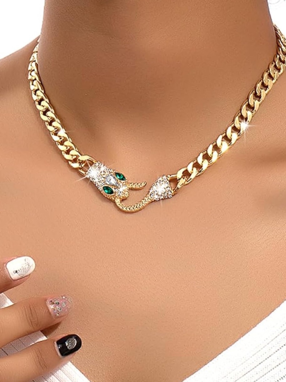 Anthropologie Gold-Tone Snake Choker with Green Accents